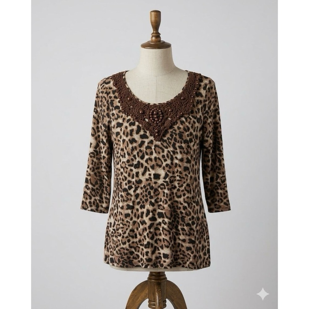 Casting Women's Leopard Print 3/4 Sleeve Knit Blouse Size L - Picture 1 of 7
